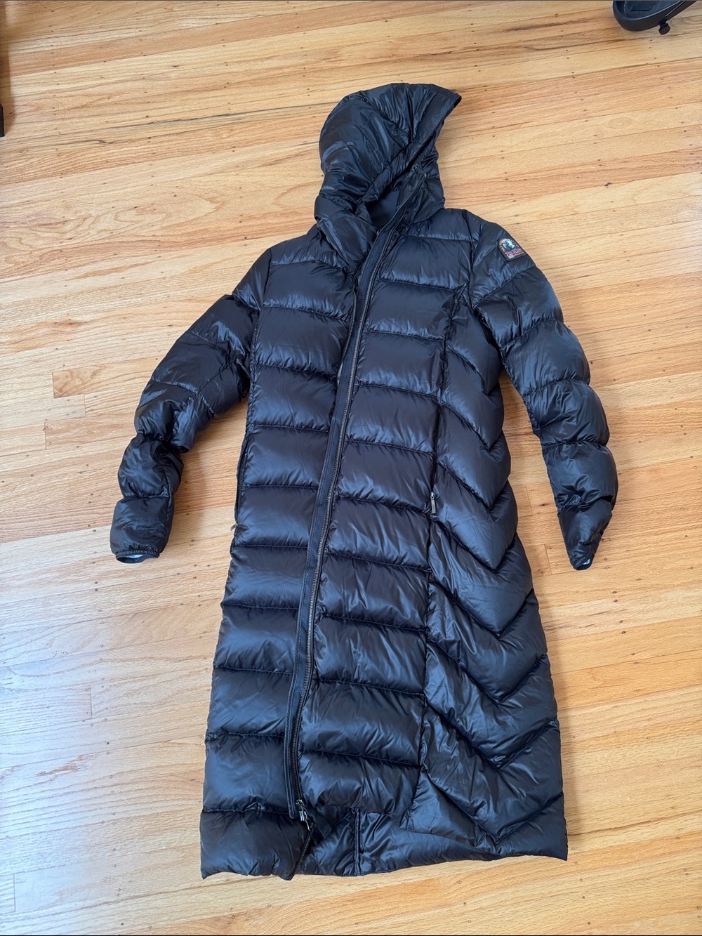 Parajumpers Leah coat, down, Long Black Hooded Down Coat - Women’s small